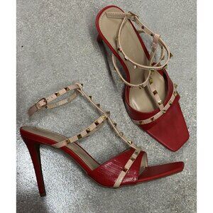 WILD DIVA / Lacey-28 / Red / Strappy / High Hee l/ Sandals With Gold Studded